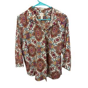 Chico’s Multicolor Medallion Print No Iron Button-Back Shirt Size 3 Retro